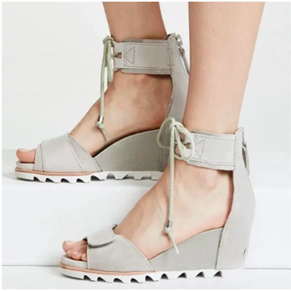 Sorel Light Gray Suede Lace Ankle Wedge Sandals